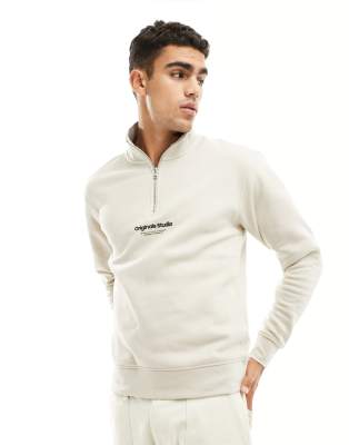 Jack & Jones 1/4 zip sweat with central logo in beige