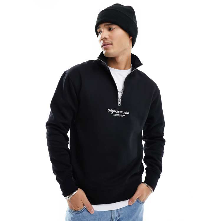 Jack & Jones 1/4 zip sweat with central logo in black | ASOS