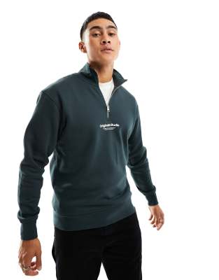 Jack & Jones 1/4 Zip Sweat With Central Logo In Green