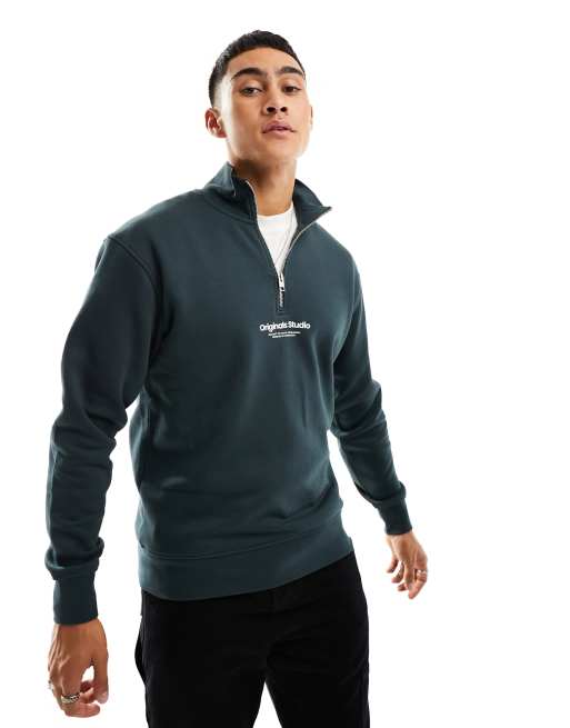 Jack Jones 1 4 zip sweat with central logo in green