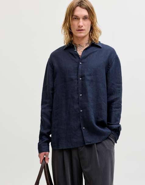 Jack & Jones 100% linen shirt in faded navy - view 1
