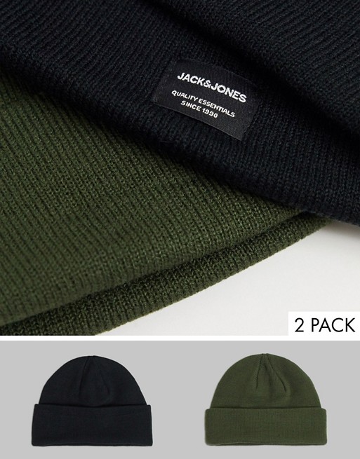 Jack & Jones 2 pack beanie in black & khaki