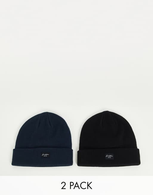 Jack & Jones 2 pack beanies in black & navy