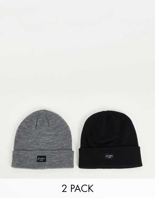 Jack & Jones 2 pack beanies in grey & black