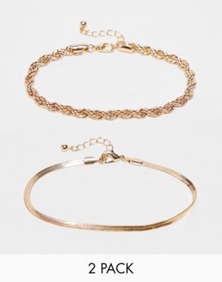 Jack & Jones 2 pack bracelet with twisted & curve design in gold
