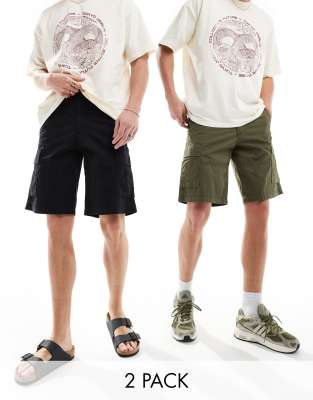 Jack & Jones 2 Pack Cargo Shorts In Black And Olive