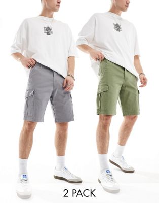 Jack & Jones 2 pack cargo shorts in grey & khaki