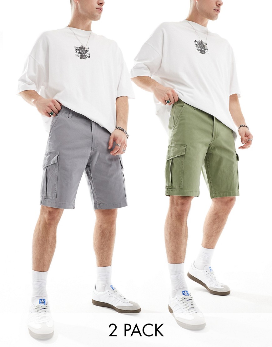 Jack & Jones 2 pack cargo shorts in grey & khaki-Green