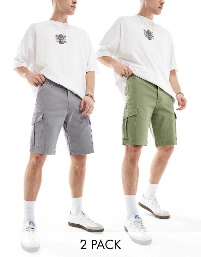 Jack & Jones - 2 pack cargo shorts in grey & khaki