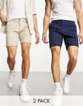 [Jack & Jones] Jack & Jones 2 pack chino shorts in navy and tan-Multi S Navy Blazer/Oxford Tan