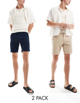 Jack & Jones 2 Pack Chino Shorts In Navy And Tan-multi