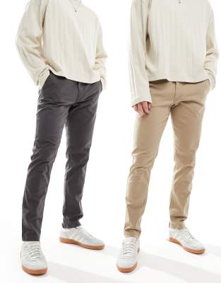 Jack & Jones 2 pack chinos in beige & dark grey-Multi