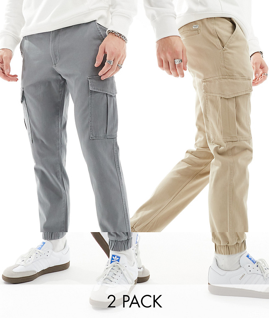 2 pack cuffed cargo pants in beige & gray