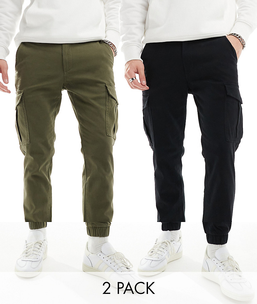 2 pack cuffed cargo pants in black & olive