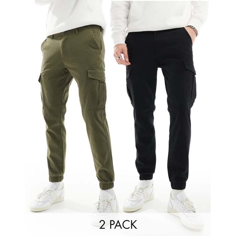 Jack Jones 2 pack cuffed cargo pants in black olive ASOS