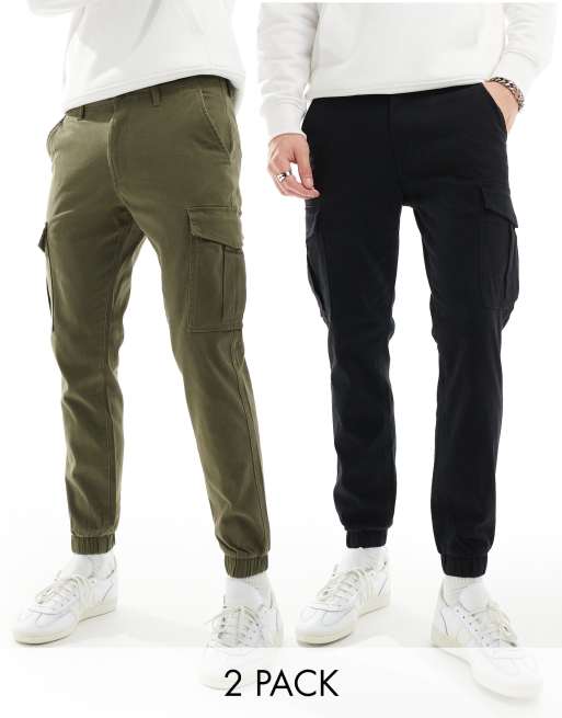 Jack & Jones 2 pack cuffed cargo trouser in black & khaki | ASOS