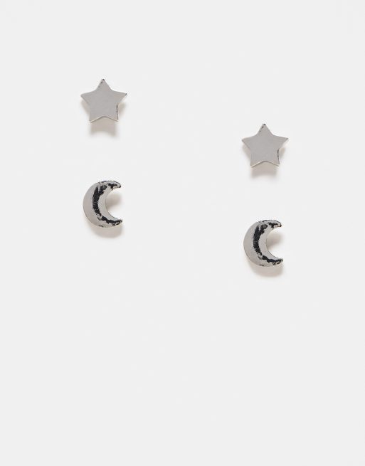 Jack & Jones 2 pack earstuds with star and moon design in silver