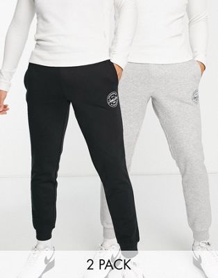 Jack & Jones 2 pack joggers with logo in grey & black