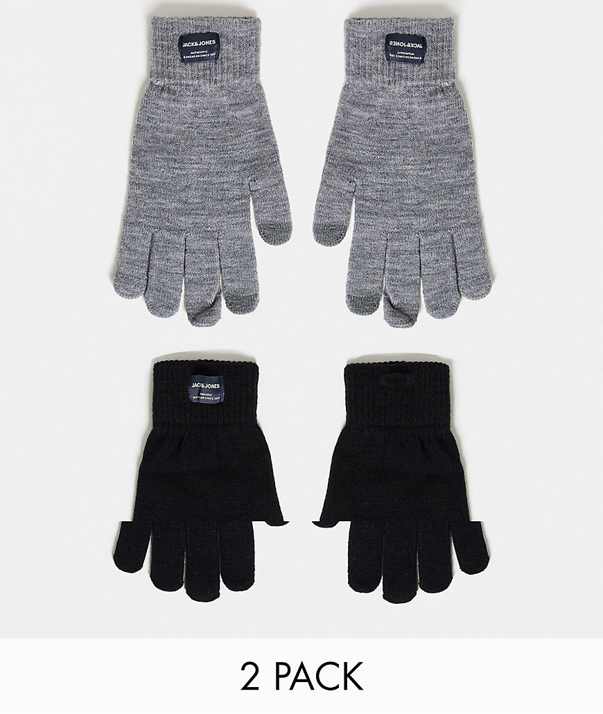 Jack & Jones 2 pack knitted gloves in gray and black-Multi
