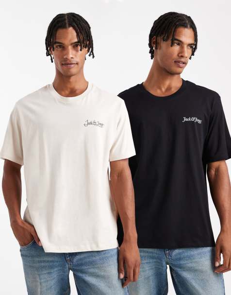 Jack & Jones 2 pack logo t-shirt in black & beige - view 1