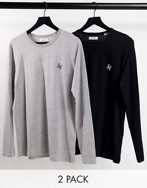 Jack & Jones 2 pack long sleeve lounge t-shirts in black & light grey