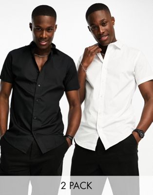 Jack & Jones 2 pack slim fit short sleeve smart shirt in white & black