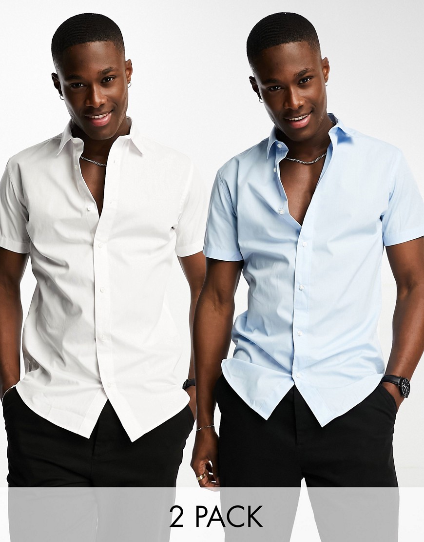 Jack & Jones 2 pack slim fit short sleeve smart shirt in white & blue-Multi