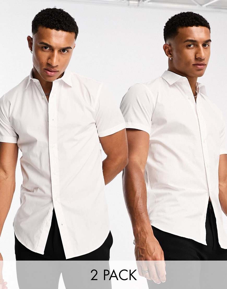 Jack & Jones 2 pack slim fit short sleeve smart shirt in white & white