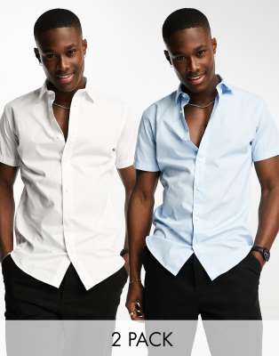 Jack & Jones 2 pack slim fit short sleeve smart shirt in white & blue - ASOS Price Checker