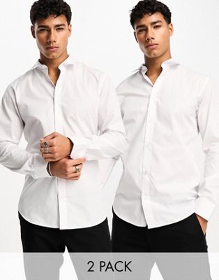 Jack & Jones 2 pack slim fit smart shirt in white & white
