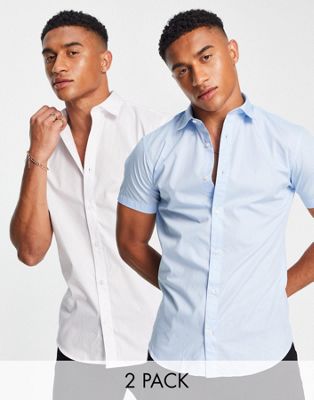 Jack & Jones 2 pack smart shirt with short sleeves in slim fit white & blue