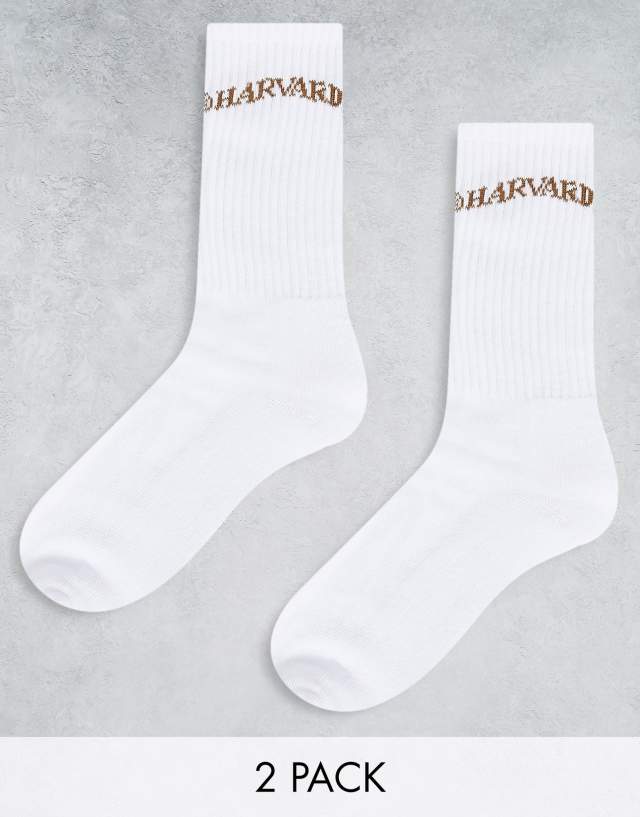 Jack & Jones 2 pack socks with Harvard varsity print in white