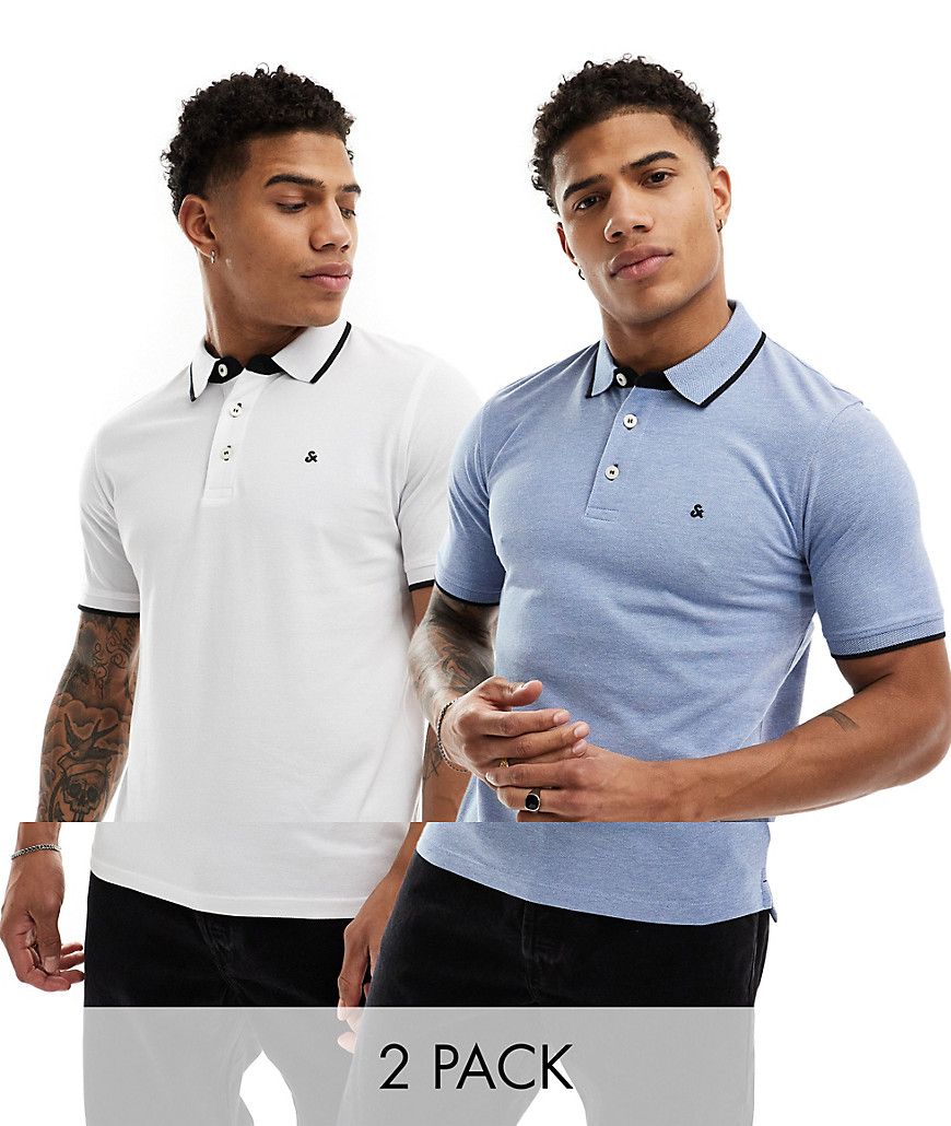 Jack & Jones 2 pack tipped pique polo in blue & white