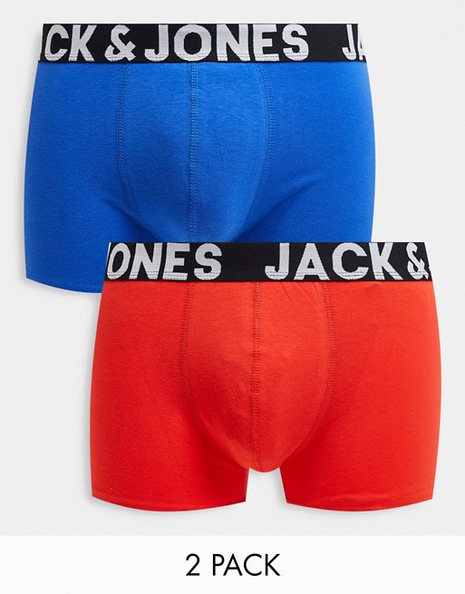 Jack & Jones 2 pack trunks with bold logo in blue & red