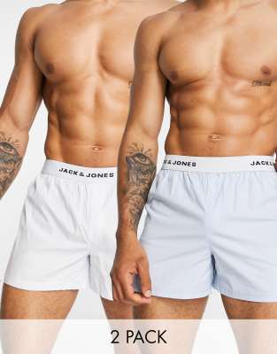 Jack & Jones 2 pack woven trunks in navy and blue stripe