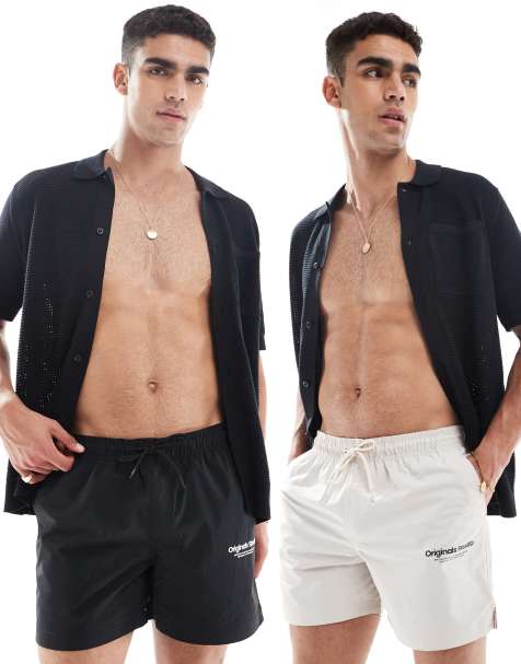 Jack & Jones – 2er-Pack Badeshorts in Schwarz und Creme - view 1