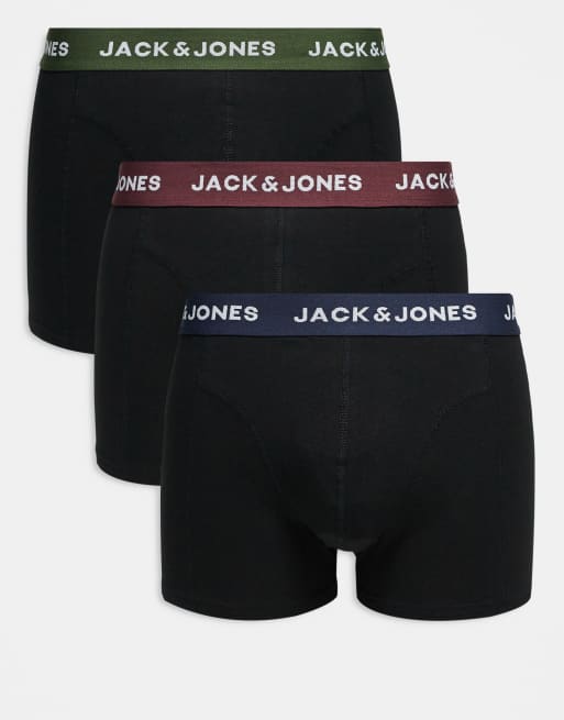 Jack & Jones 3 pack boxer briefs with colored waistbands in black
