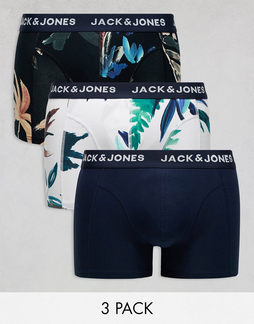 Jack & Jones 3 Pack Boxer Briefs With Floral Print In White-navy