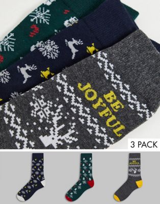Jack & Jones 3 pack Christmas giftbox socks in festive print