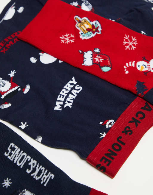 Jack & Jones 3 pack christmas sock & trunk gift box set in navy & red, 3 of 4