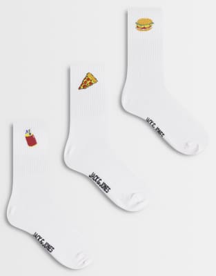 Jack & Jones 3 Pack Crew Socks With Food Icons In White