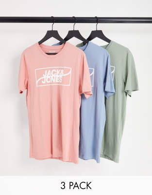 Jack & Jones 3 pack logo t-shirts in blue, green, pink - ASOS Price Checker
