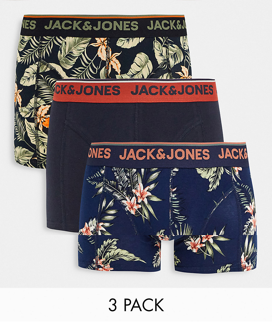 Jack & Jones 3 pack logo trunks in floral print-Navy