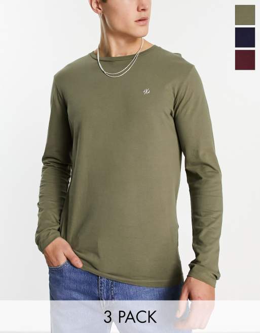 Jack & Jones 3 pack long sleeve top in navy, dusty green