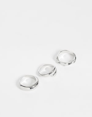 Jack & Jones 3 pack molten rings in silver