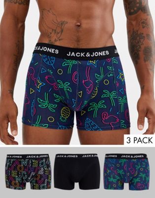 Jack & Jones – 3-pack neonmönstrade trunks-Svart