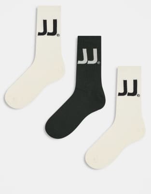 Jack & Jones Jack & Jones 3 pack sports socks with JJ logo in cream and green-White