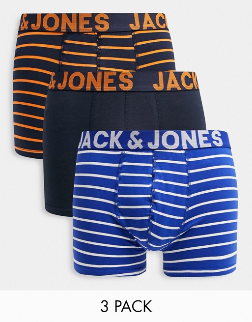 Jack & Jones 3 pack stripe trunks in blue & orange