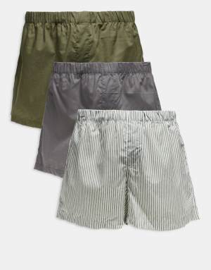 Jack & Jones 3 pack stripe woven boxers in green