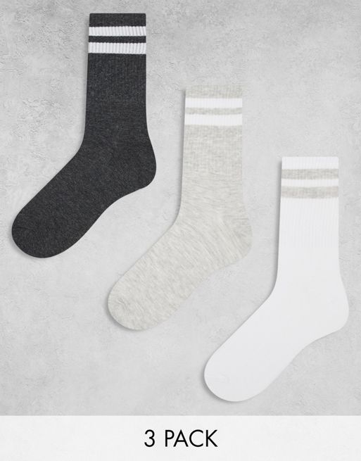 Jack & Jones 3 pack striped tennis socks grey & white